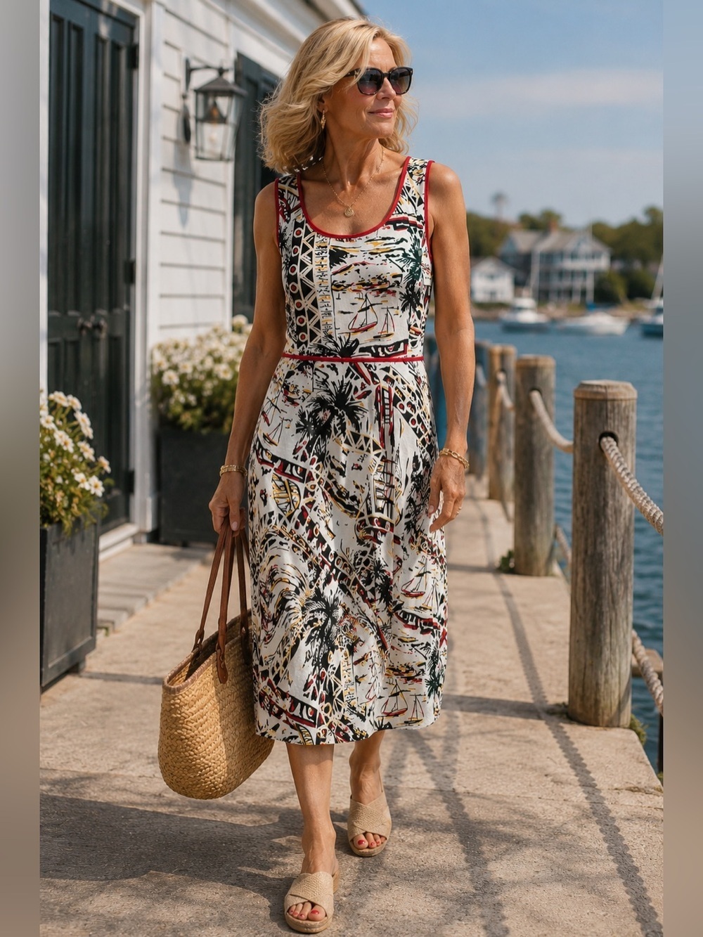 Alexandra Bartlett Linen Blend Tropical Sailboat Dress 12 Coastal Grandma Resort